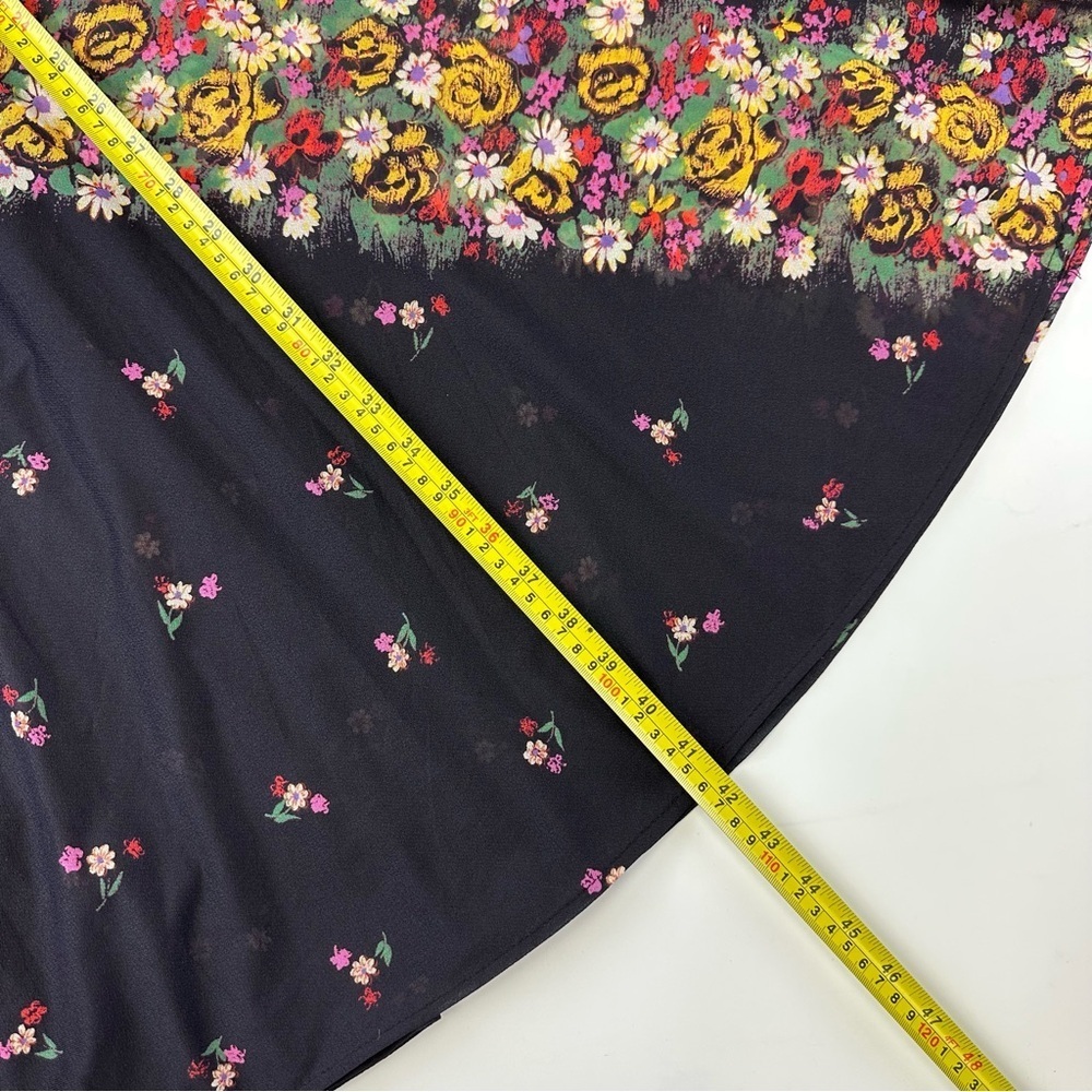 Vintage 80s floral midi dress black full skirt semi sheer Small Retro - Picture 8 of 9